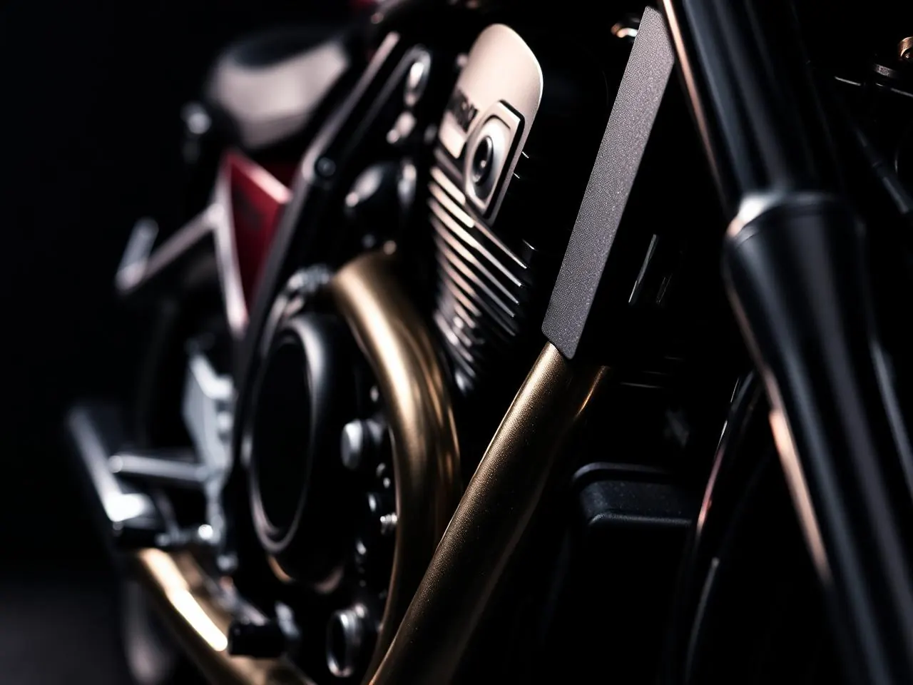 Detalhe macro do motor e escapamento da motocicleta sob iluminação dirigida