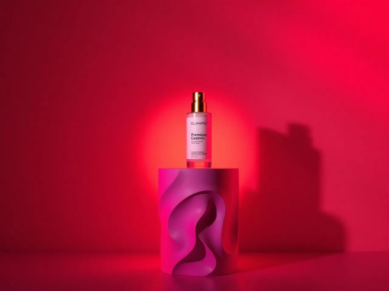 Frasco de cosmético sobre pedestal escultural com iluminação publicitária