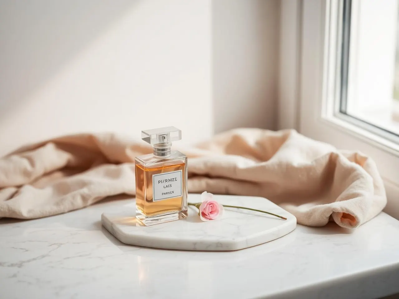 Still life com frasco de perfume, mármore e linho sob luz natural